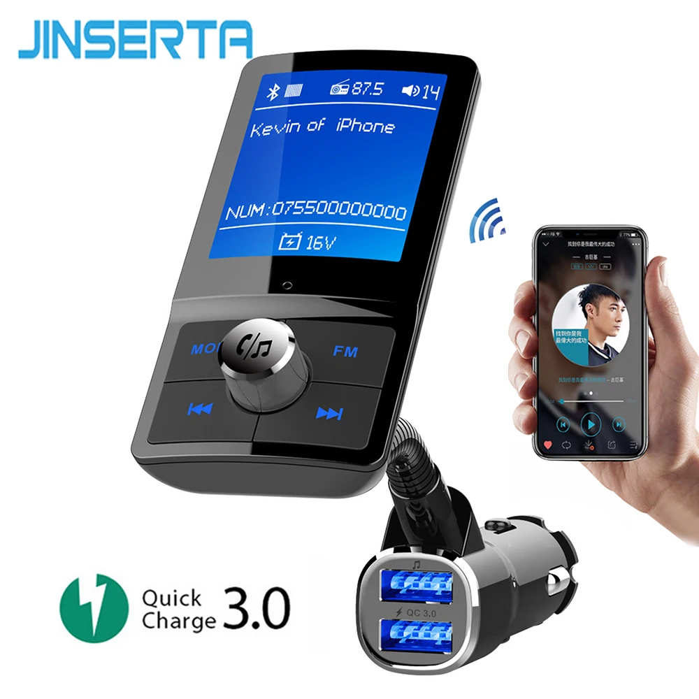 

JINSERTA Car MP3 Player Bluetooth FM Transmitter QC3.0 Car Charger Wireless Handsfree Support USB Flash TF Card Music Play