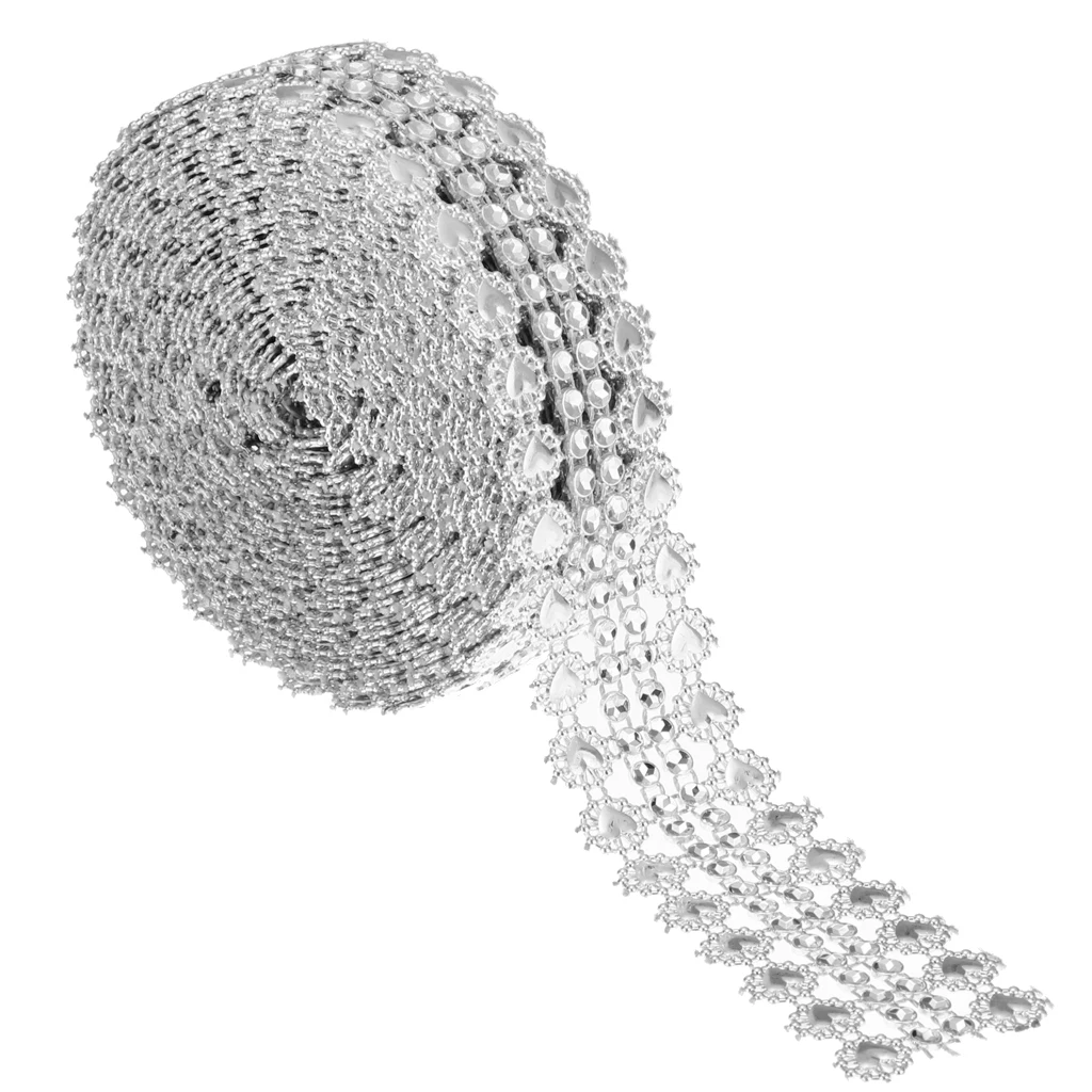 5 Yards Bling Diamond Wrap Ribbon Silver Rhinestone Mesh Roll Tape Tulle Crystal Ribbon for DIY Cake Wedding Decoration Favors