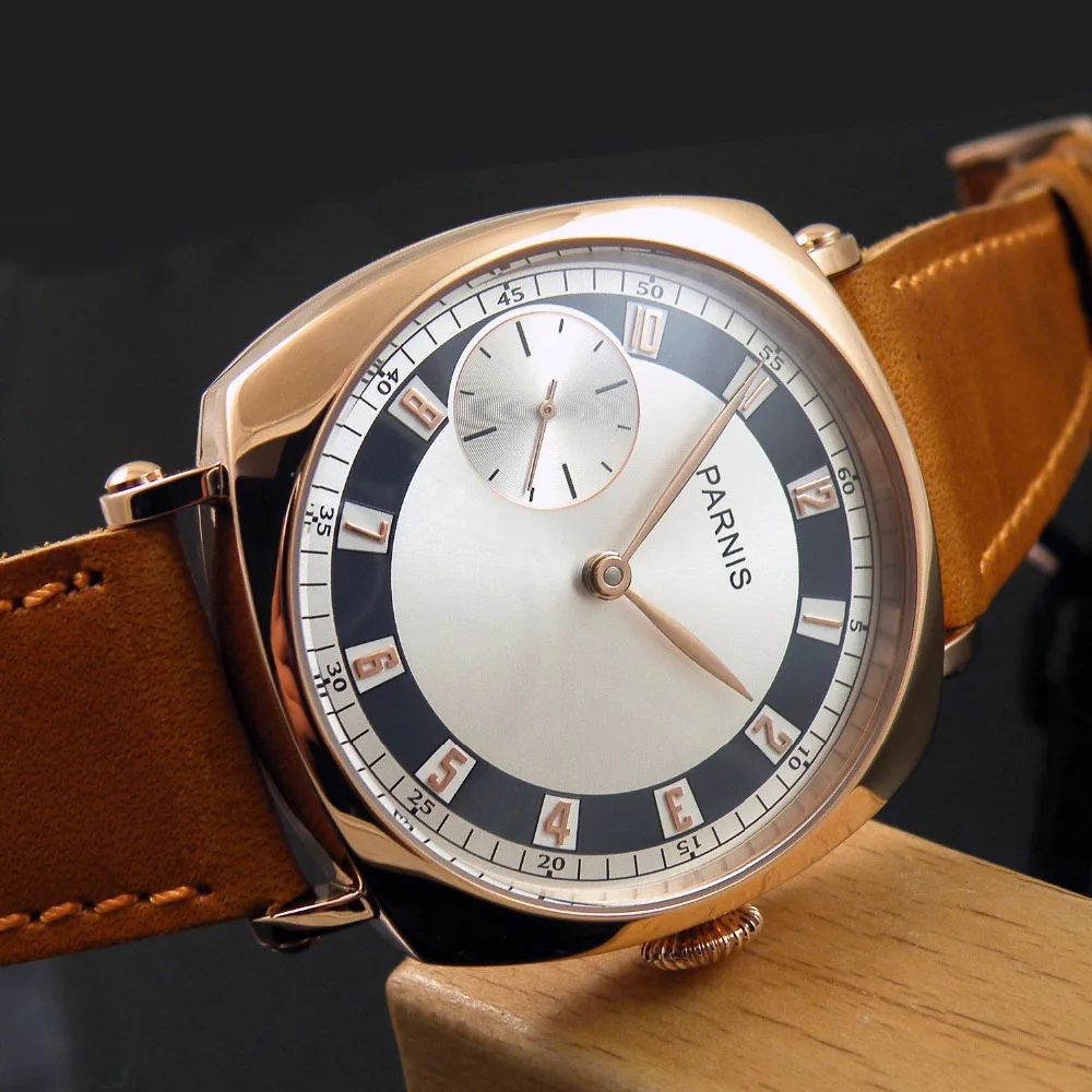 

44MM PARNIS trend men's waterproof manual mechanical watch simple brown belt watch