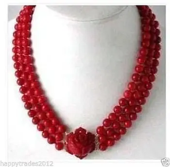

Free shipping X238 3 Rows Red Coral Beads Flower Pendant Clasp Necklace #1156