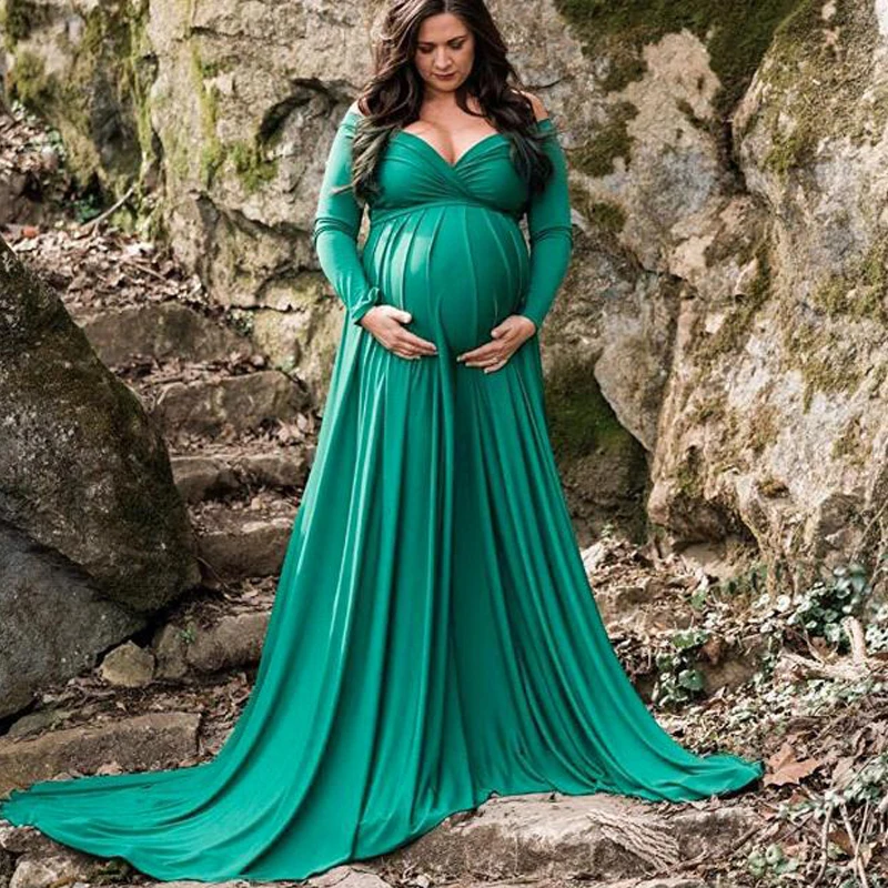

V-neck Full Long Dress With Trailing Tail Maternity Dresses For Photo Shoot Maternity Photography Props Dresses For Pregnant