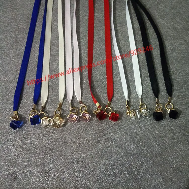 

1 pc/lot 0.6cm ribbon rope belt with crystal tassel red black white sapphire pink beige rope waistband hat sweater bags rope