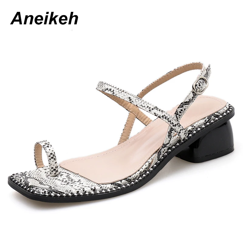 

Aneikeh 2019 PU Mature Square Toe Serpentine Square High Heels Sandals Gladiator Sexy Dance Office Dress Yellow White Size 35-40