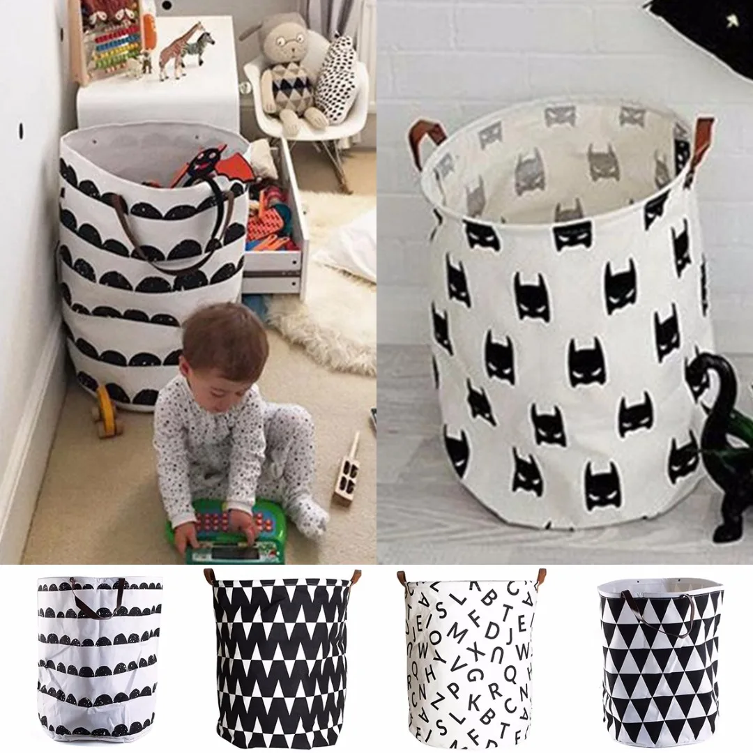 Storage Bucket With Handles Canvas Printing PE Waterproof Kids Toys Storages Barrel Home Washing Clothes Basket 40*50cm Sale