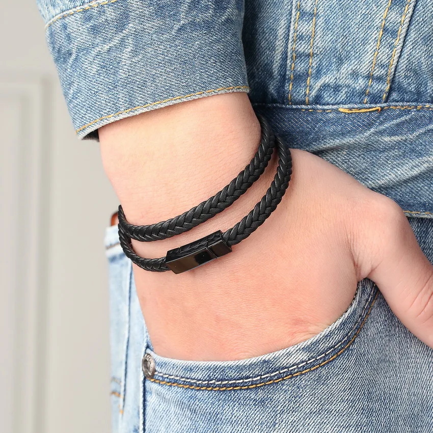 XQNI 2017 Fashion Charm Bracelets 316L Stainless Steel Chain Genuine Bracelets Men Braid Leather Bracelets for women