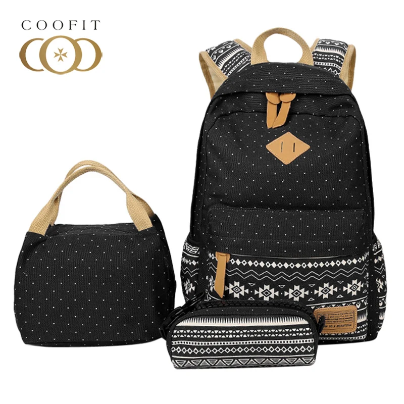 Coofit Composite Backpack Sets Vintage Dot Print Schoolbag For Girls Student Large Capacity Canvas Backpack Female