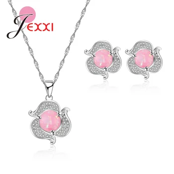 

Explosion Jewelry Set 925 Sterling Silver Flower Shape Pink Sky blue Crystal Zircon Earrings Necklace Holiday Party