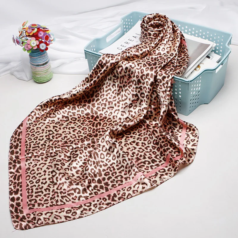 Women Fashion Leopard Scarf Faux Silk Hijab Scarfs Female 90cm*90cm Square Shawl Head Scarves Ladies Wraps