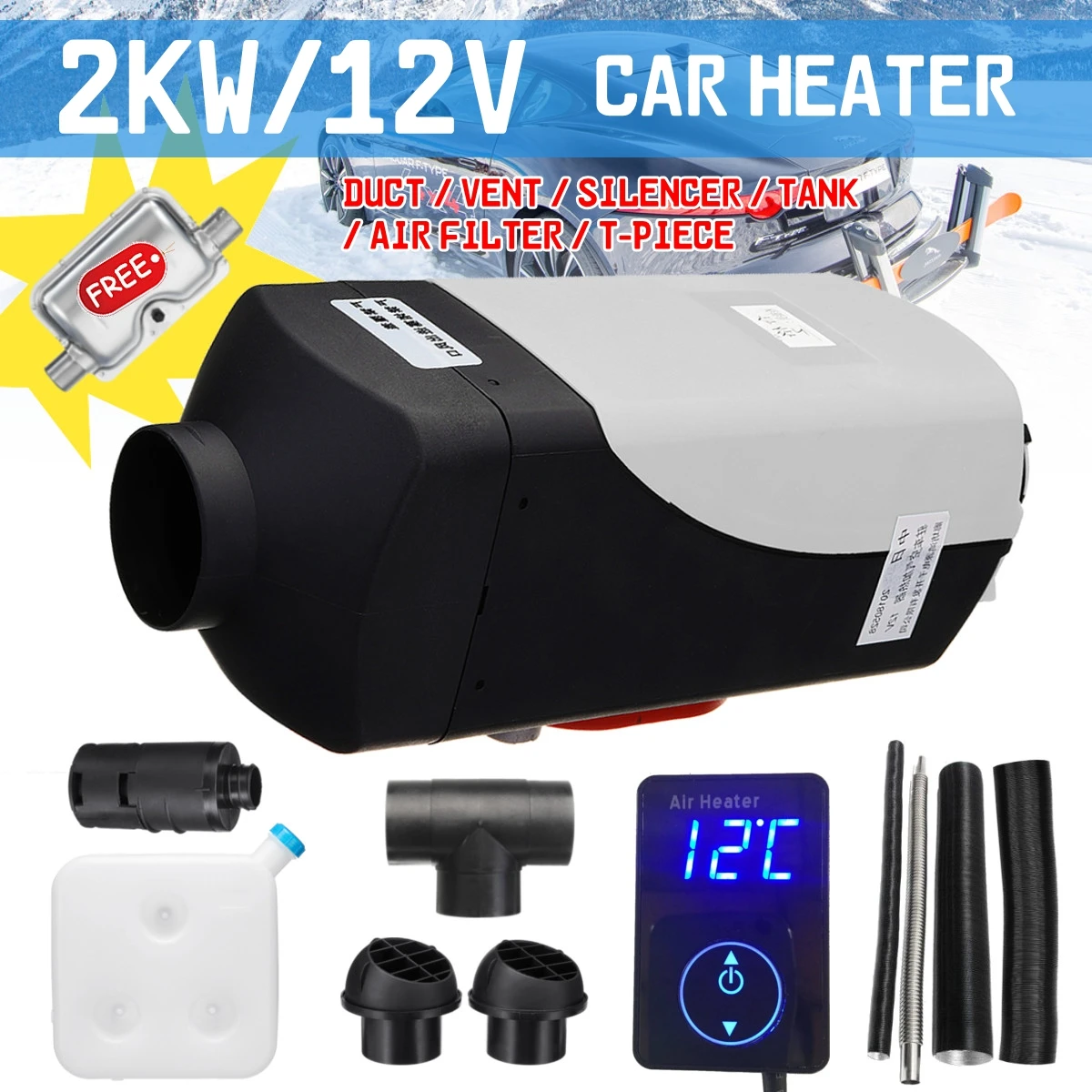 

HCalory 2KW 12V Car Fuel Heater Parking Warmer Free Silencer Kit Digital Knob Camping Travel Skiing Driving Home Truck Motorhome