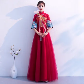 

Phoenix Chinese Style Bride Wedding Cheongsam Elegant Lady Mandarin Collar Long Qipao Vintage Slim Oriental Evening Dress Gown