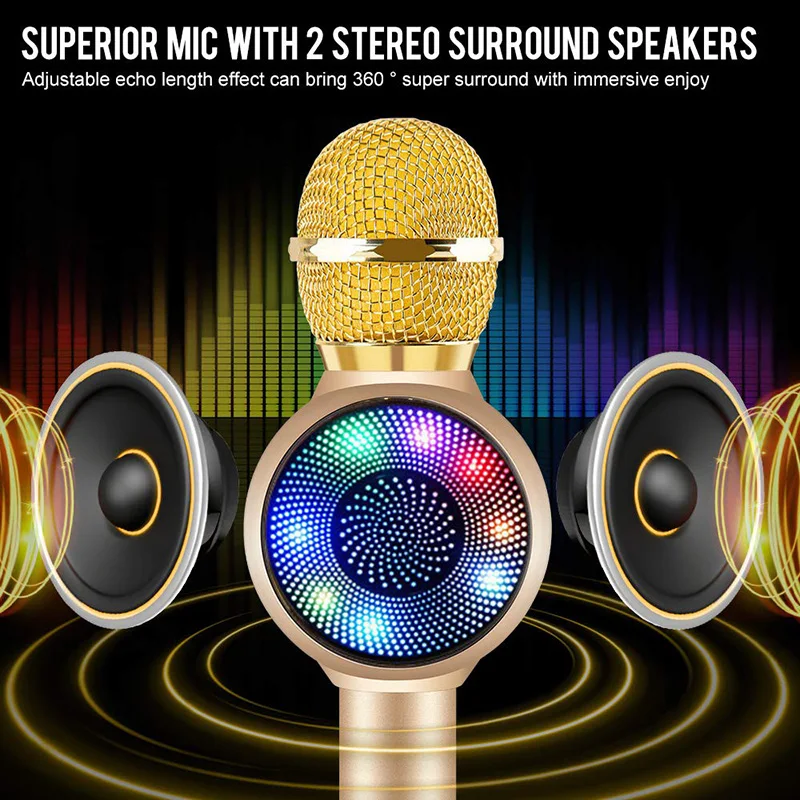 Comprar Micrófono inalámbrico de Karaoke Bluetooth, luz LED multifunción 3 en 1 portátil de mano con micrófono de karaoke reproductor de karaoke