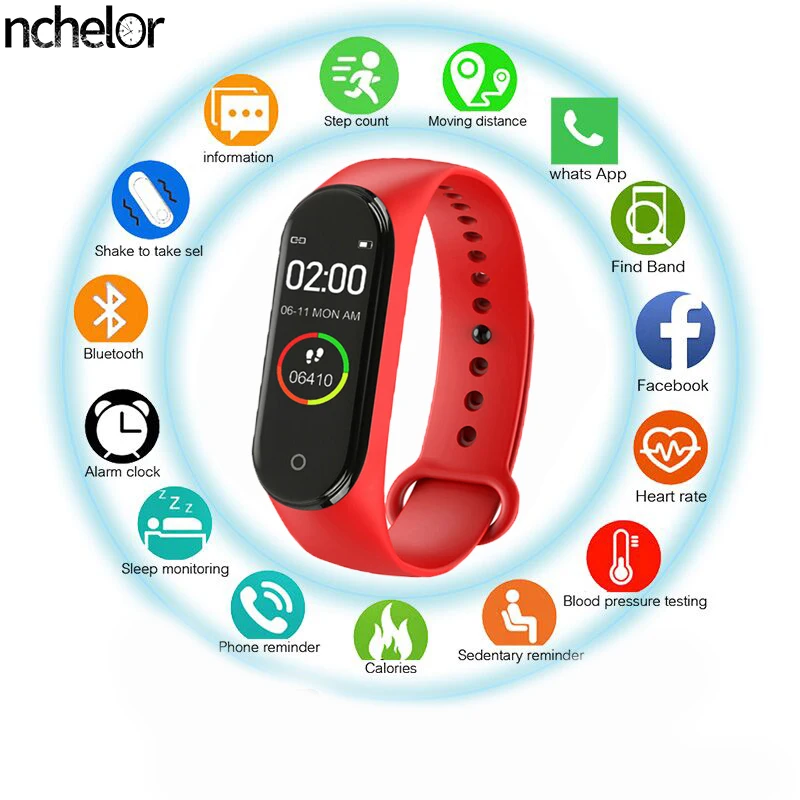 

Hot Sale Fashion style Smart Bracelet M4 Fitness Heart Rate Monitor Activity Fitness Smart Belt Push Message Smart Watch Women