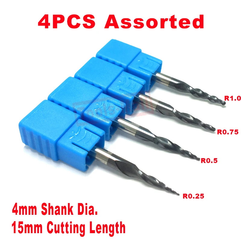 

4pcs/lot Tapered Ball Nose End Mill D4*15*50L*2F HRC55 solid carbide Coated cone cnc milling cutter engraving grinding bits