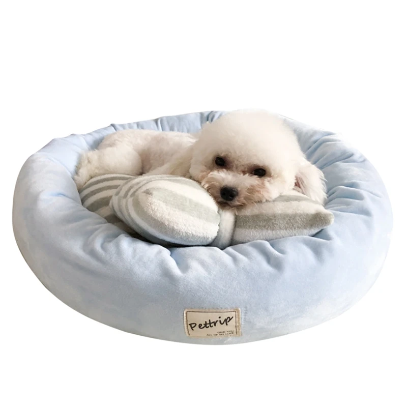 

New Dog Mat Removable Striped Dog Bed Sofa with Pillow Flannel Round Dog Mat for Small Dog Puppy