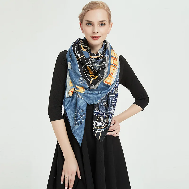 Весна 2019 Новый Шелковый шарф женский Конный показ 130 см саржевый Шелковый негабаритный шарф шаль с принтом одеяло шарфы Crinkle хиджаб