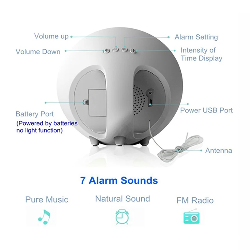 Светильник 7 цветов, функция звуков, сенсорное управление, светильник с будильником, будильник, имитация восхода/заката, цифровые часы с fm-радио, 1 шт