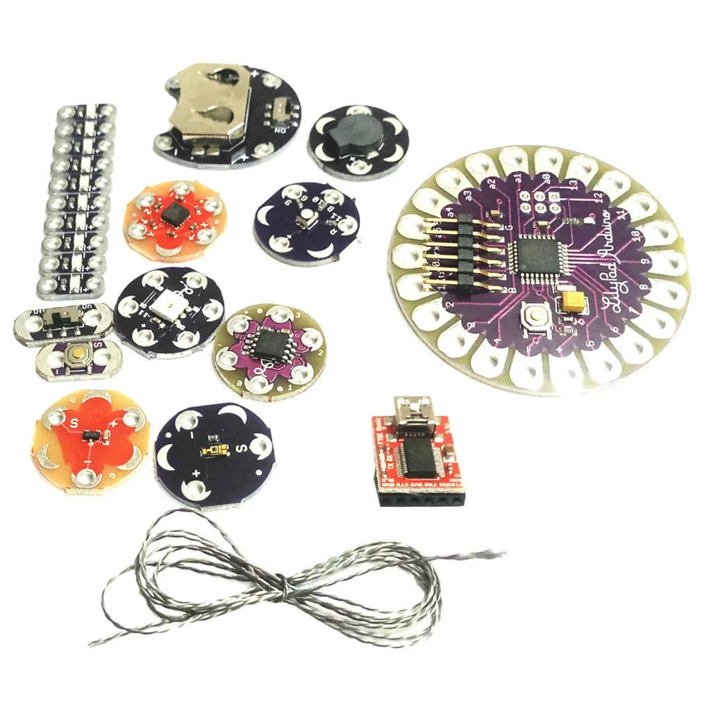 Lilypad Arduino комплект, Sewable комплект электроники(ATmega328P, светодиоды, датчик температуры, FT232RL, зуммер, переключатель