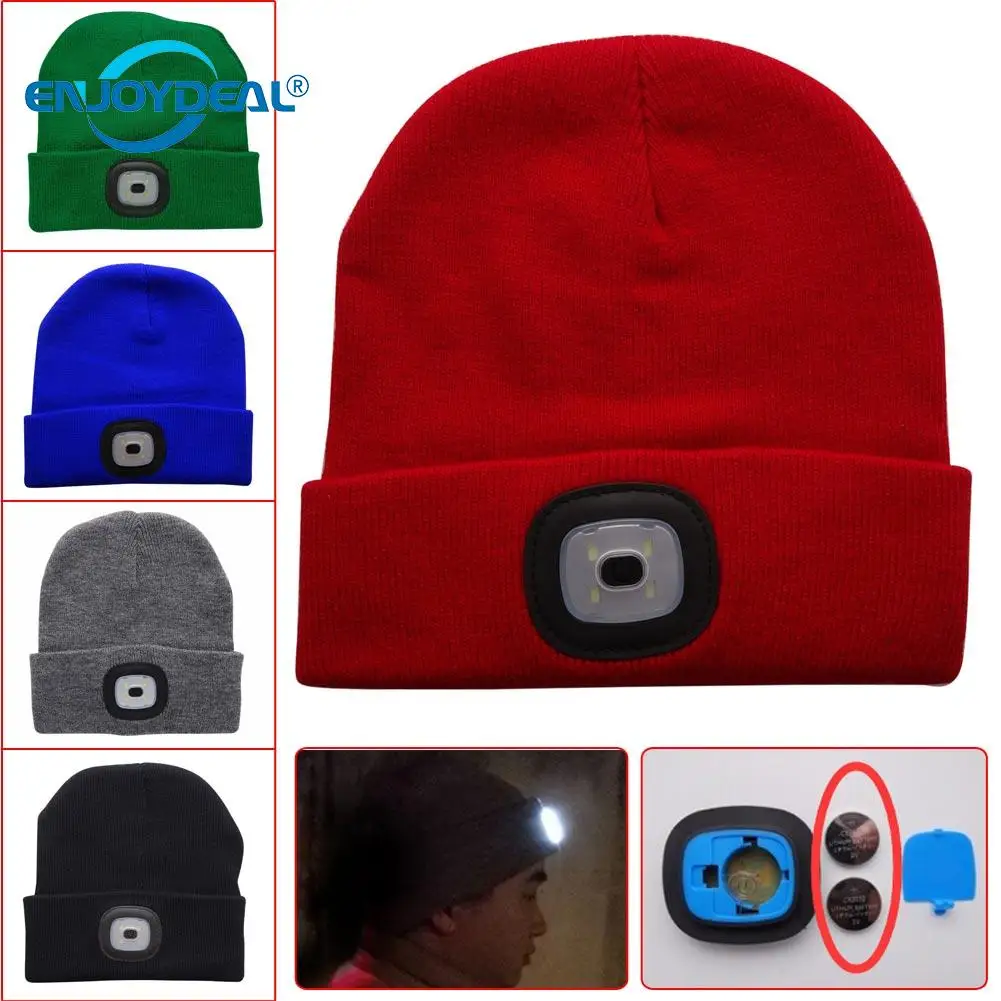 LED Warm Knit Hat Battery Type Hands Free Flashlight Cap for Outdoor