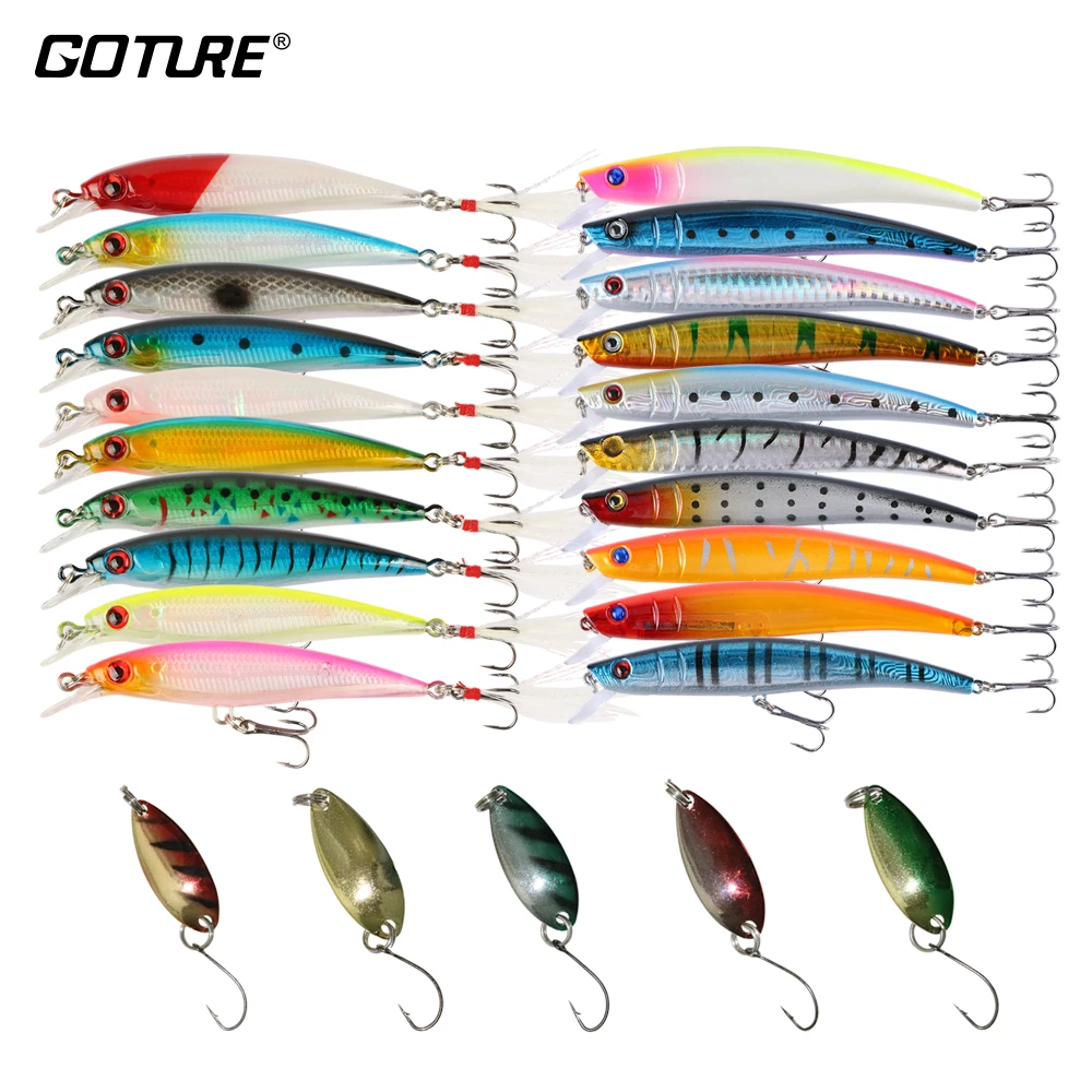 

Goture Fishing Lure Set 20 Wobblers 5 Spoon Spinner Bait Multi-color Artificial Bait Minnow Spinners Carp Fishing Tackle