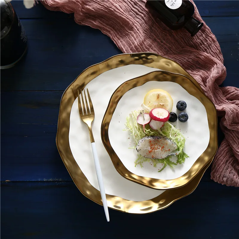 

Ceramic Gold-plated Plate Creative Platinum Fruit Flat Breakfast Steak Plates Kitchen Household Matte Tableware Decoration Dish
