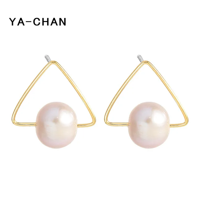 Ya Chan Simple Pearl Stud Earrings 18 K Gold Triangle Shape 925 Ya Chan Simple Pearl Stud Earrings 18 K Gold Triangle Shape 925 Sterling Silver