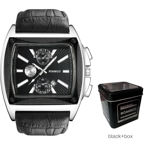 Мужские брендовые кварцевые часы BOAMIGO, мужские кожаные Наручные часы с автоматической датой, модные стильные черные наручные часы, мужские часы - Цвет: black with box