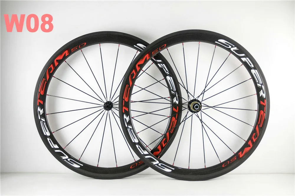 Clearance New arrival R36 hub Super Team 50mm Red White full carbon fiber road bike wheelset matte finish 3k 700C wheels 13