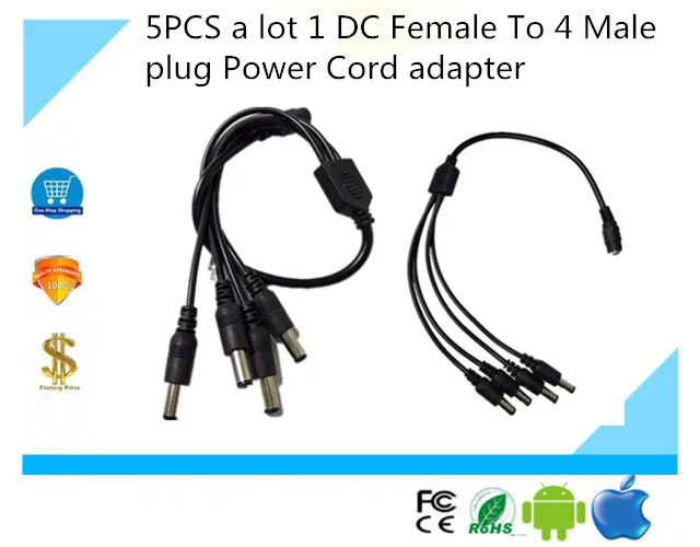 

5PCS a lot 1 DC Female To 4 Male plug Power Cord adapter Connector Cable Splitter for CCTV Security Camera free shipping