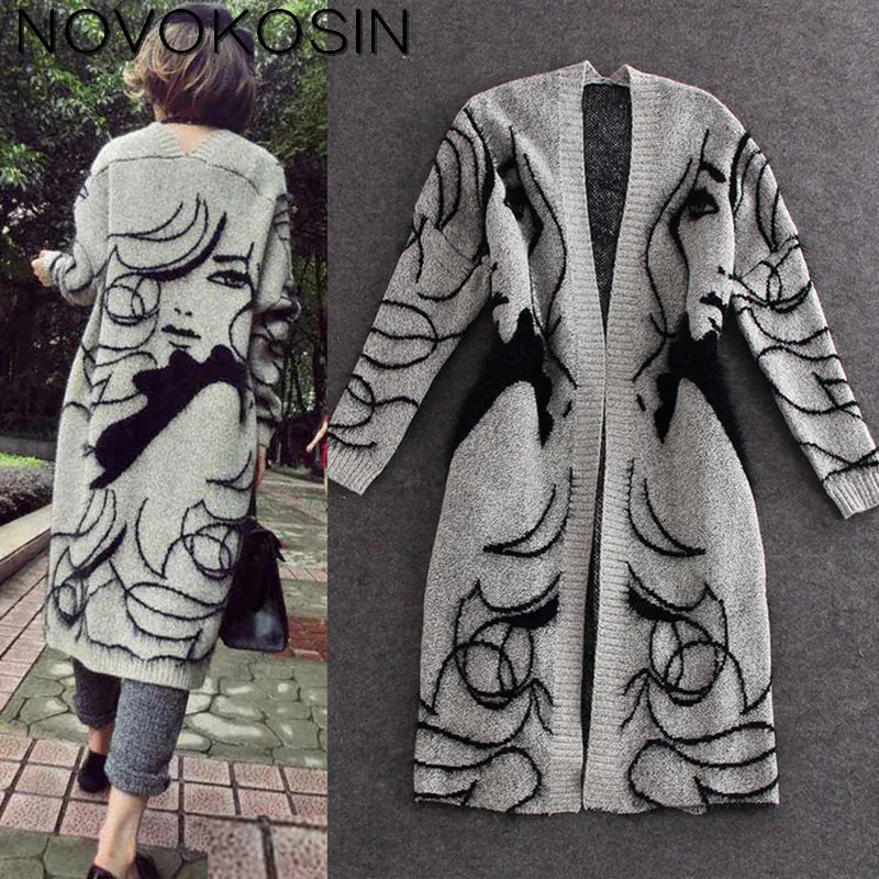 

SC139 2017 Lady Knitted Autumn Winter Fashion Print Long Sweater Casual V-Neck Plus Size Cardigans