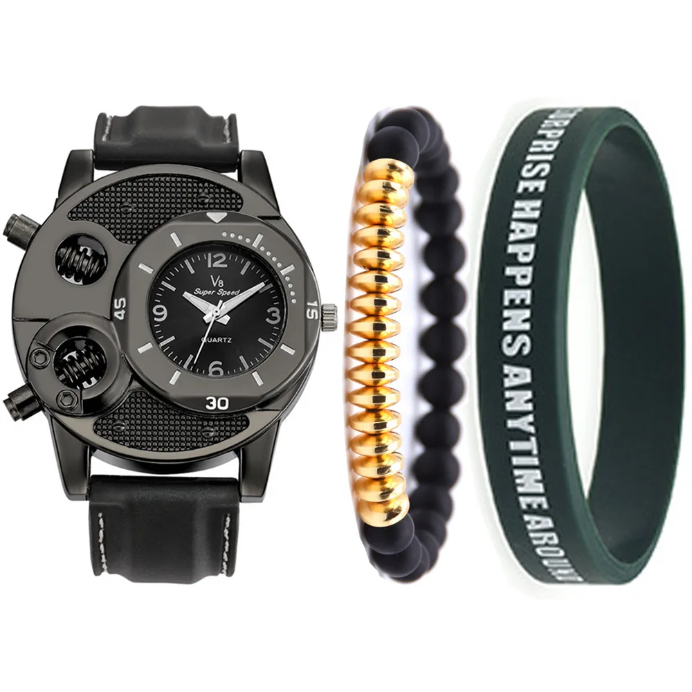 

Retro punk style leather sports quartz watch + bracelet set(3PCS/SET)