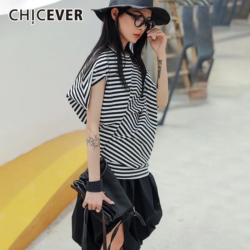 

CHICEVER Summer Casual Striped Print Women T-shirt O Neck Short Sleeve Irregular Loose Slim Female Tops 2019 Fashion New Tide