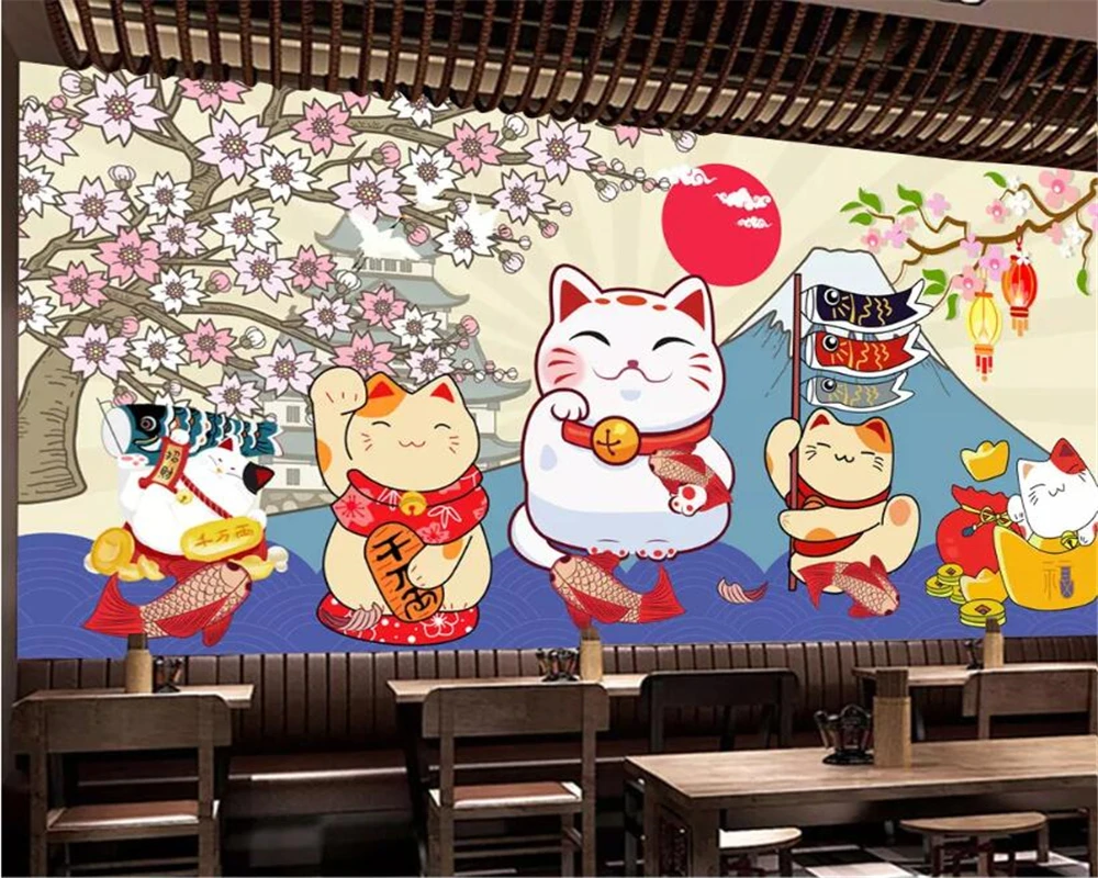 beibehang Custom personality 3d wallpaper sushi cherry blossom cute cat sushi restaurant cuisine background 3d wallpaper mural