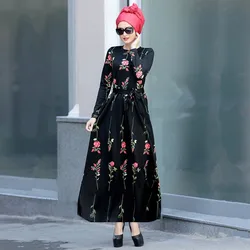 Ladies' Long Dresses Rose Print Lace Long Sleeve Big Pendulum Dress Casual Muslim Style Women Dress Summer Robe Lady Dresses Ladies' Long Dresses Rose Print Lace Long Sleeve Big Pendulum Dress Casual Muslim Style Women Dress Summer Robe Lady Dresses