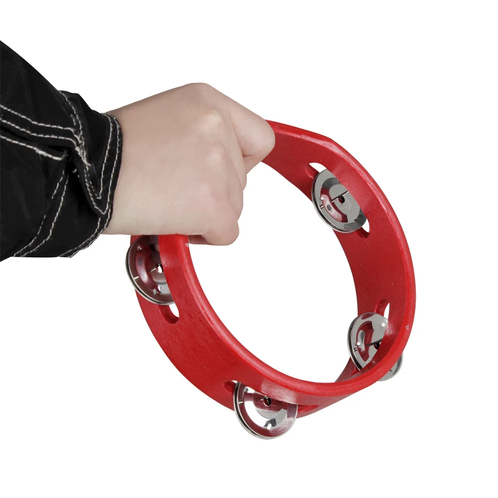 

6 Inch Handheld Wooden Tambourine Hand Bell Percussion Musical Toy Single Row Metal Jingles Red for Party Kids Games