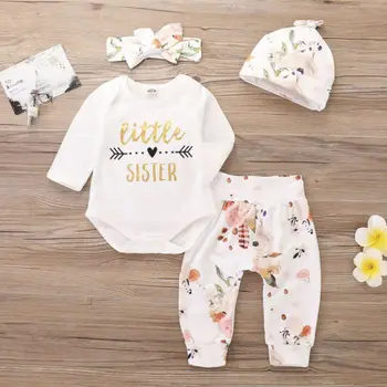 

Emmababy newborn baby girl long sleeve shirt jumpsuit high waist printed pants printed hat butterfly knot headband clothes