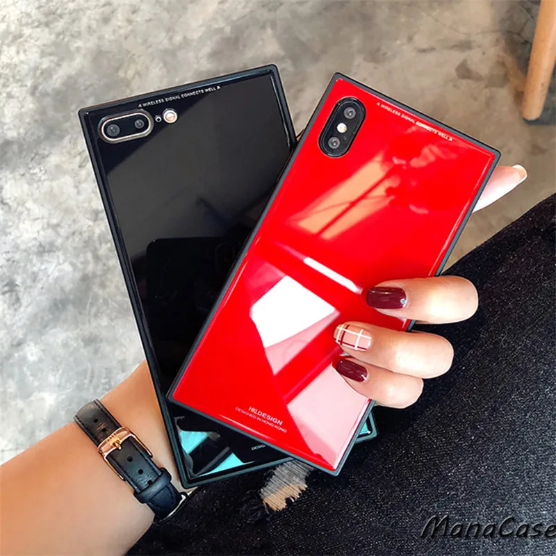 Модный квадратный Однотонный черный стеклянный чехол Lxuruy для телефона iPhone X XS MAX XR