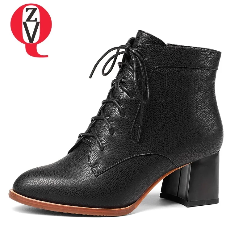 

ZVQ newest hot sale genuine leather high hoof heels round toe zipper cross-tied ankle boots outside fashion black boots women