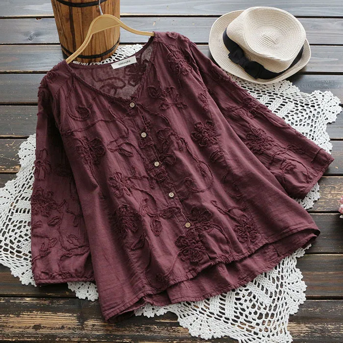 

3940 new spring women Japan style vintage embroidery blouse women cotton V-Neck long sleeve loose shirt tops