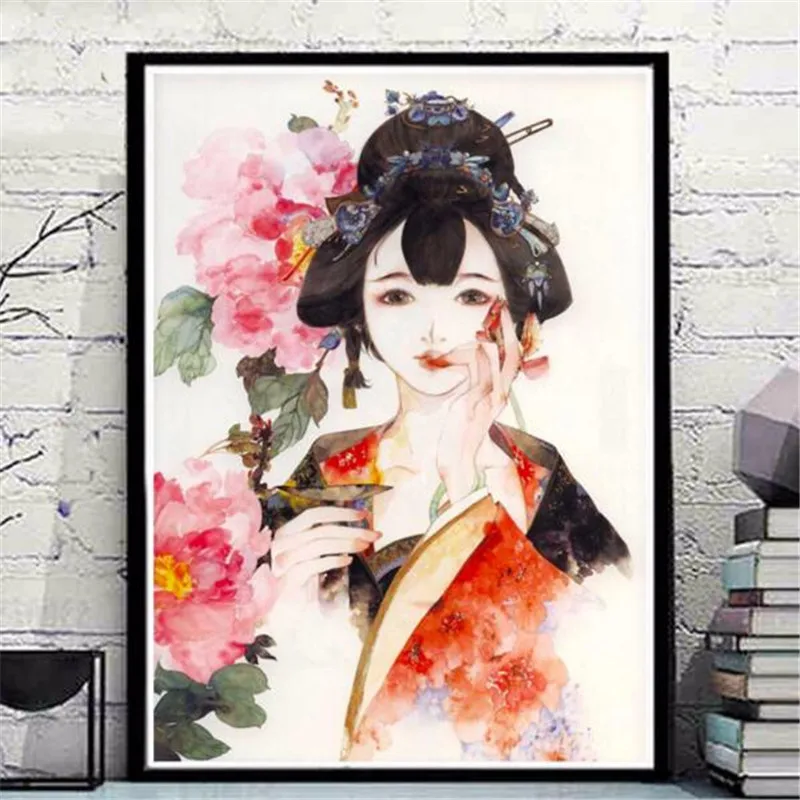 Newest Japanese Kimono Girl Diy Oil Painting By Numbers Kits Wall Art
