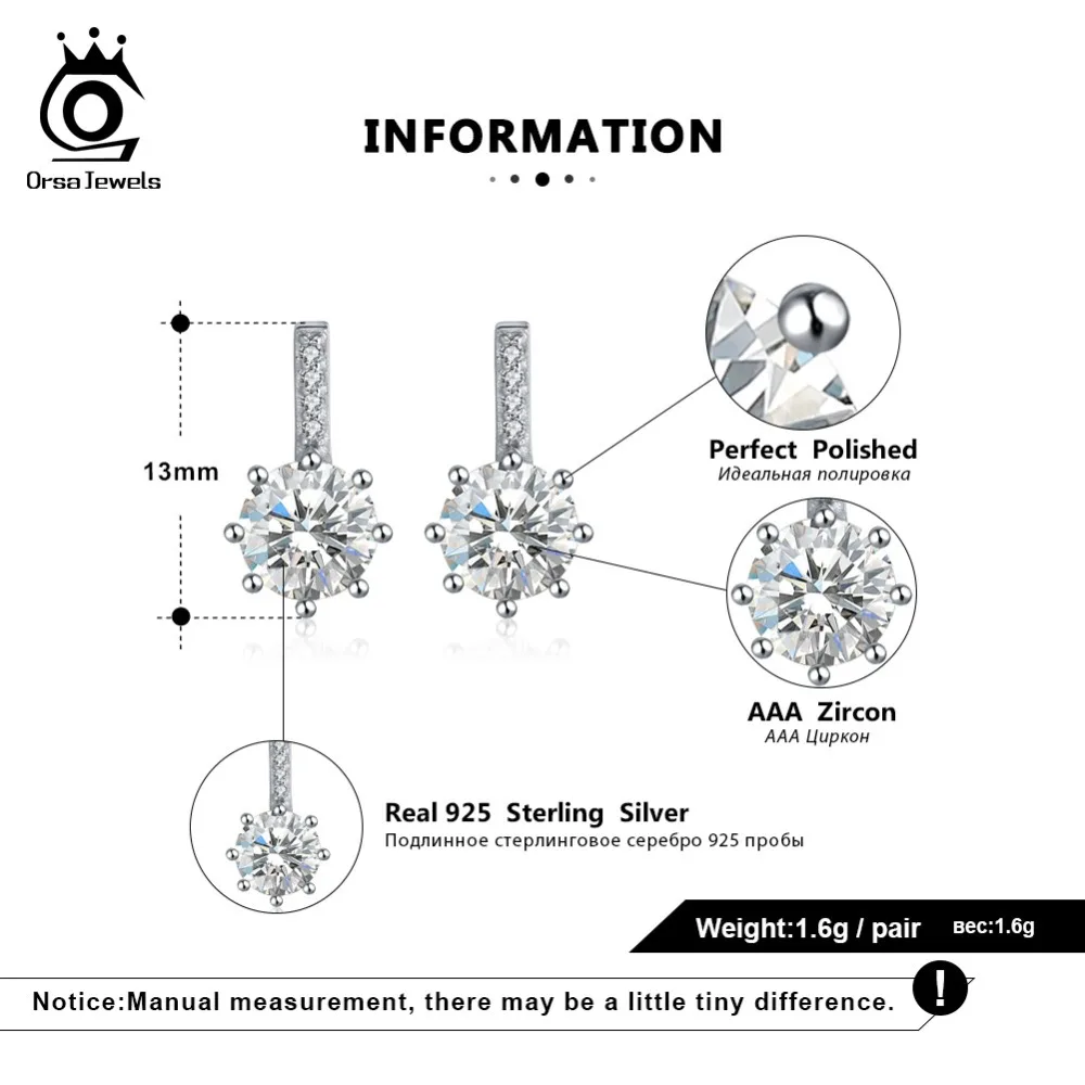 ORSA JEWELS, серьги-гвоздики для женщин, 925 пробы, серебряные, круглые, большие, блестящие, AAA CZ, серьги для девушек, женские, Клубные, вечерние, ювелирное изделие, подарок, SE109
