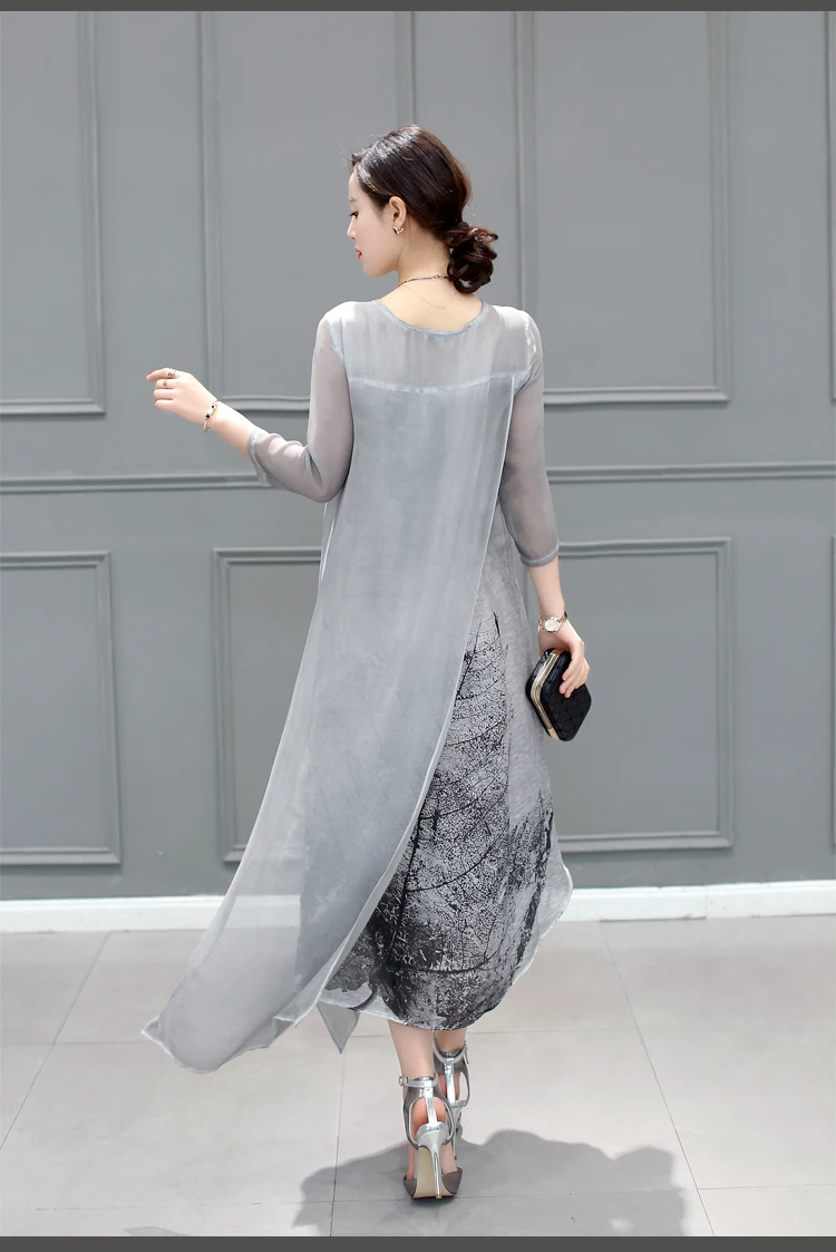 Women Summer vestidos Irregular Chiffon Dress Plus Size O Neck Long Sleeve Leaves Print Ladies Casual Artsy Retro Dress