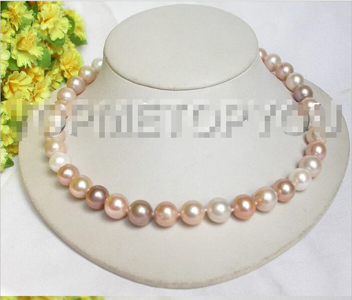 

shipping RARE Natural 12mm round white pink purple pearls necklace 14K GOLD E1101