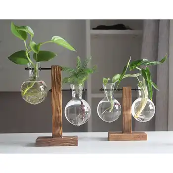 Hydroponic Plant Vases Vintage Flower Pot Transparent Vase Wooden