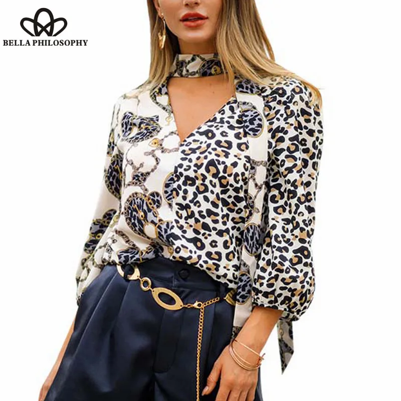 Wonder Leopard Blouse Women Bow Tie Shirt Vintage Sexy Female Leopard Halter Sexy Blouse Femme Office Female Blouse V-Neck Top