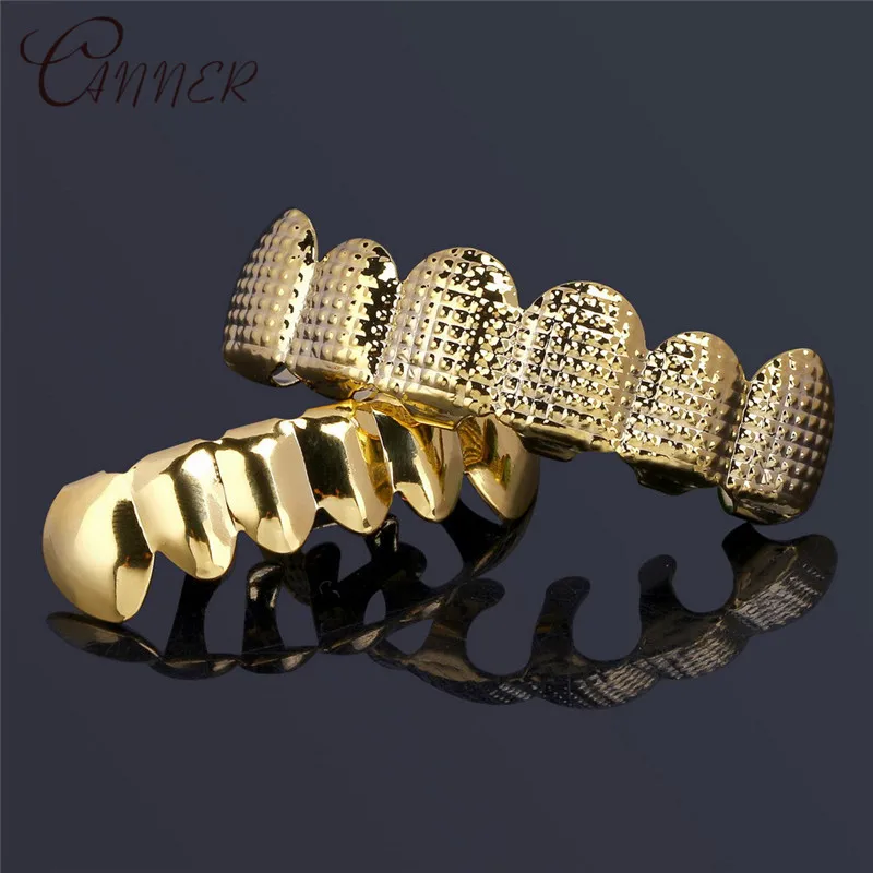 

CANNER Hip Hop Men's 6 Top & Bottom Teeth Gold Silver False Teeth Grillz Set Bump Lattice Dental Grills Rapper Body Jewelry Gift