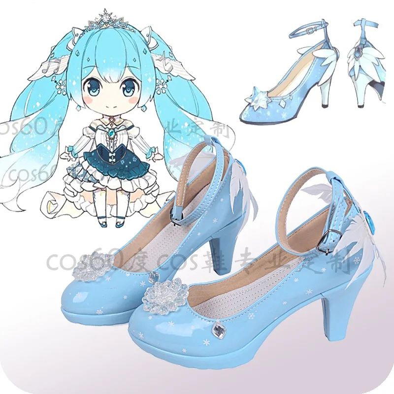 

New 2019 Vocaloid Snow Miku Cosplay Shoes Lolita Shoes Blue Shoes Heels Halloween Cosplay Shoes for Women/Girl Size 35-43