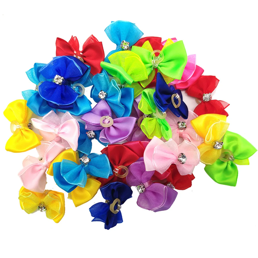 30 Pcs/Lot Dog Hair Rubber Bands Mix Color Bowknot With Diamond Pet