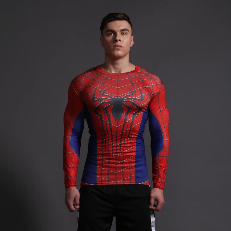 Бэтмен против Супермена эластичный длинный рукав с круглым вырезом Футболка Человек-паук дышащая формирующая быстросохнущая Мужская футболка для фитнеса