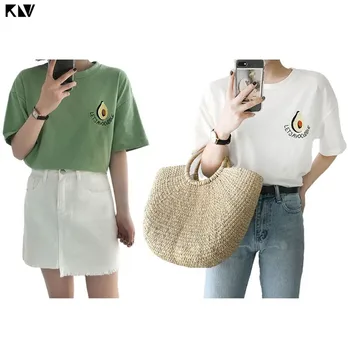 

KLV Korean Women Half Sleeve T-Shirt Cute Cartoon Avocado Embroidery Preppy Style Student Blouse Summer Fresh Harajuku Tee Tops