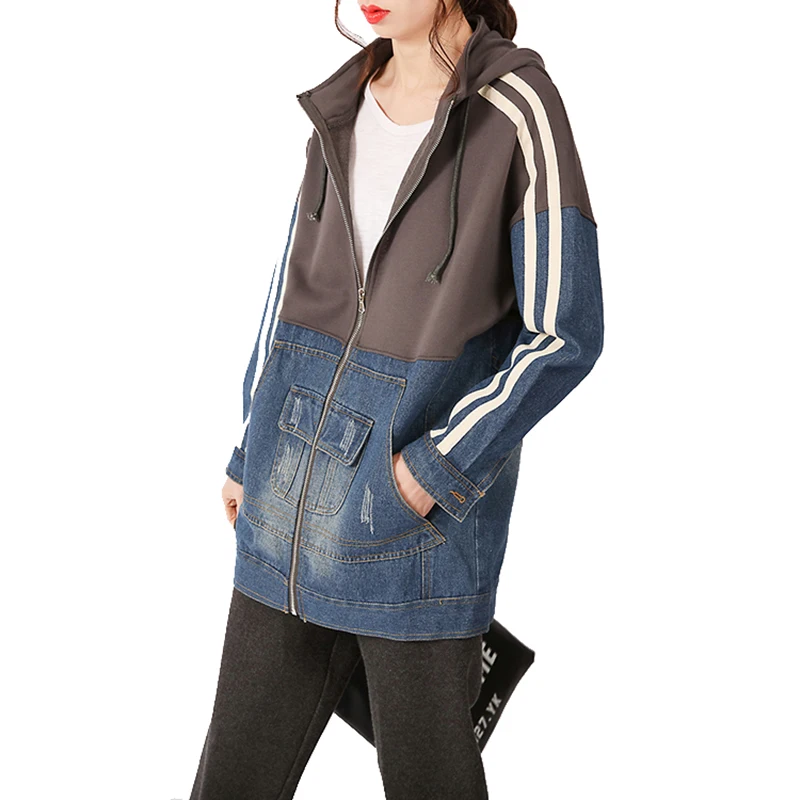 

Spring jacket women long hooded denim windbreaker jacket female Lady Vintage Elegant Fashion loose denim jacket Vangull 2019